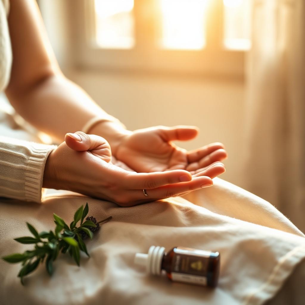 A woman's open hands resting peacefully in soft golden light with sage and lavender beside her