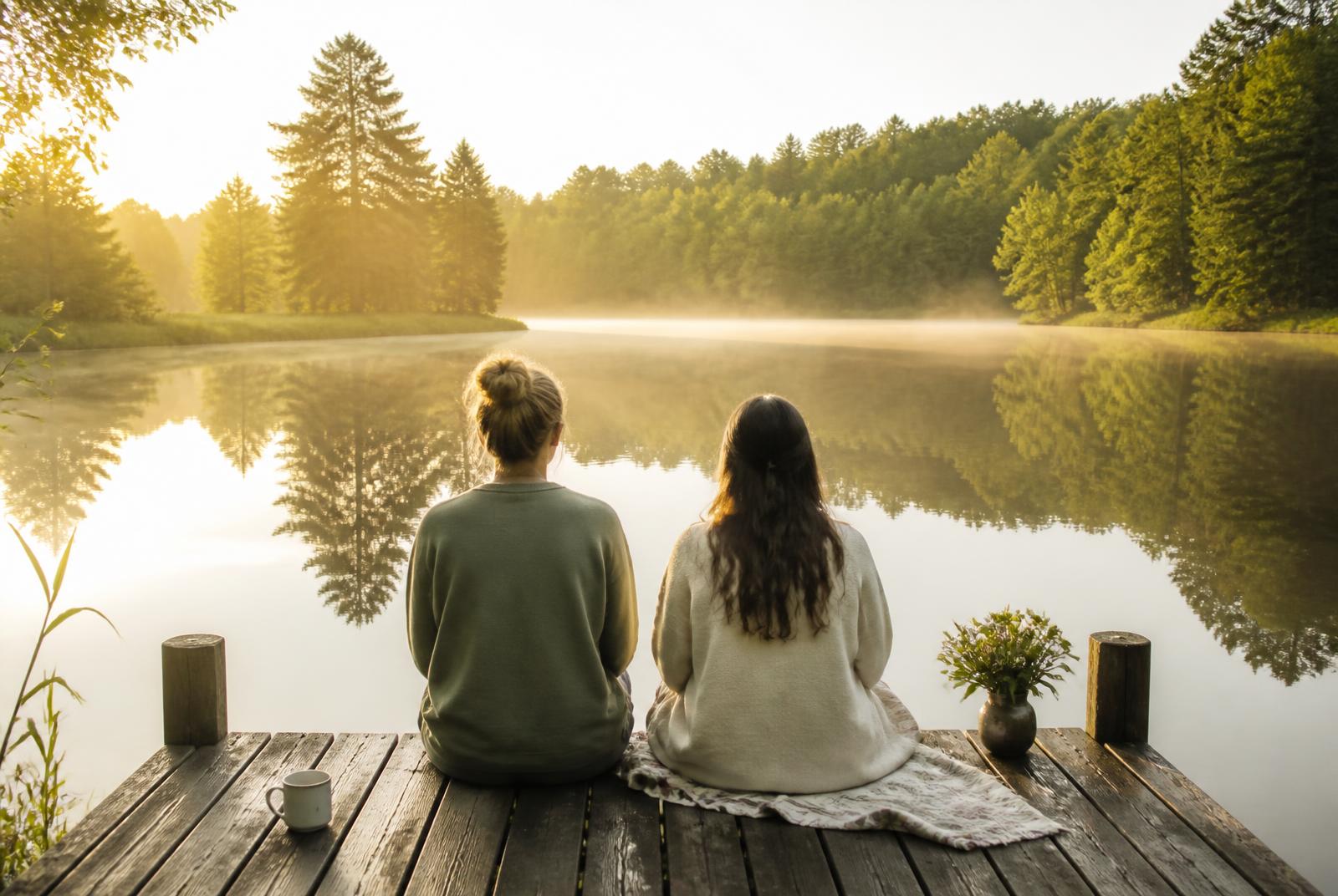 Two people sitting quietly on a wooden dock at the edge of a misty lake in golden morning light