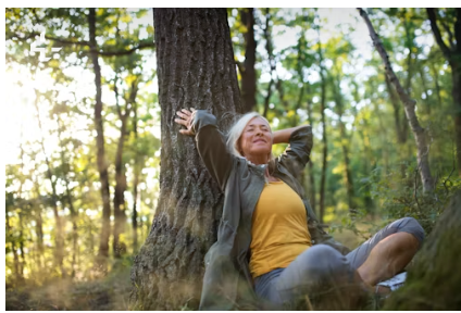 A woman resting against a large tree trunk in a sunlit forest, face lifted toward the light