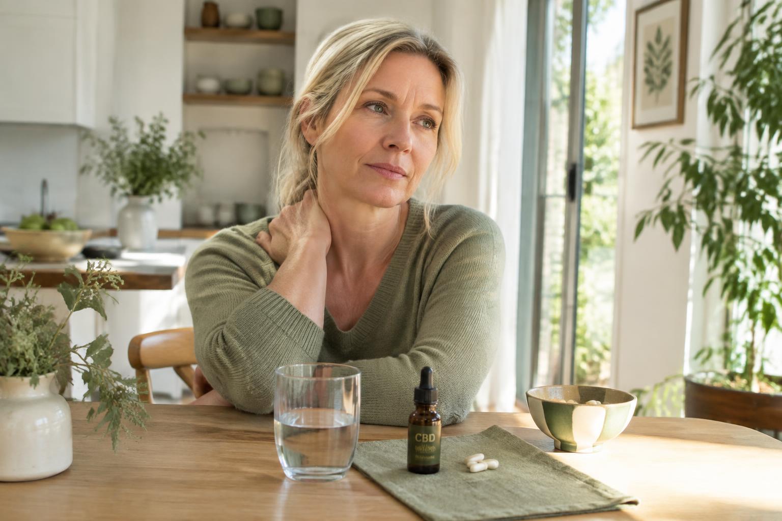 A blonde woman in her 40s rubbing her neck at a sunlit kitchen table with a glass of water, a CBD tincture and a few pills