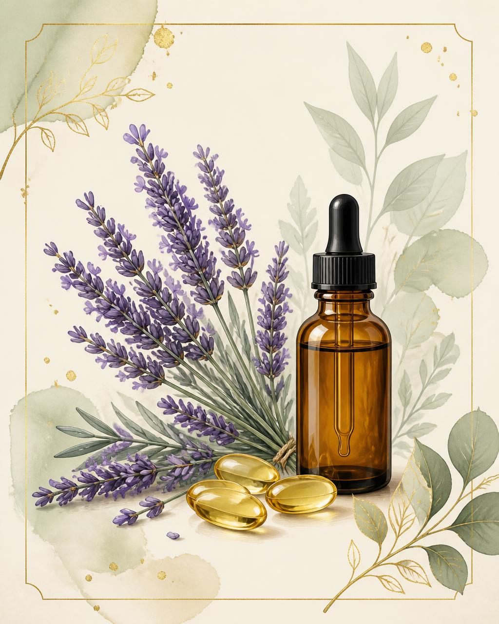 Botanical illustration with lavender, a tincture bottle and softgels — the Anxiety & Stress Dosing Companion Card from The Cannabis Nurse