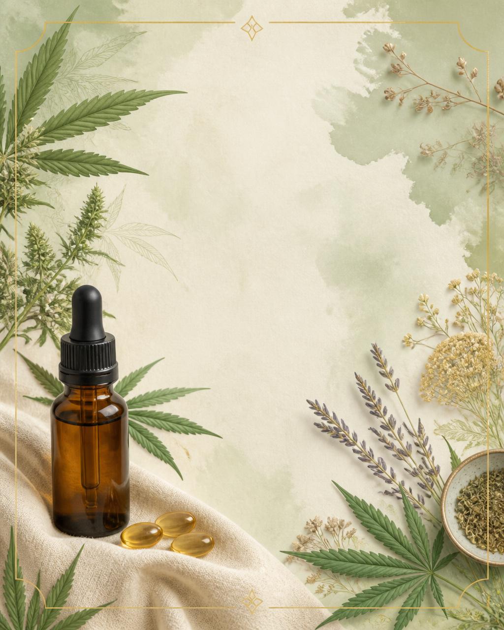 Botanical illustration with a tincture bottle and softgels — the Chronic Pain Dosing Companion Card from The Cannabis Nurse