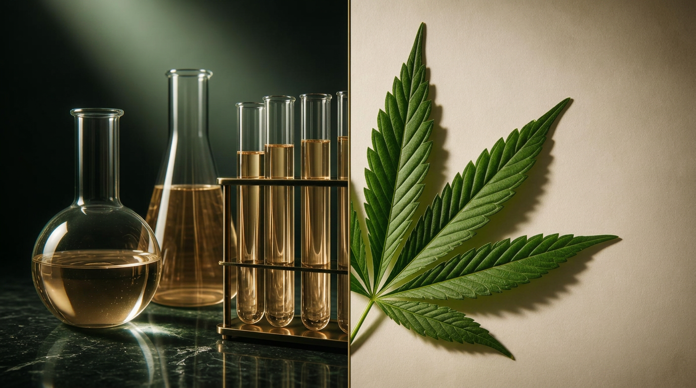 A split editorial image: a cannabis leaf beside laboratory glassware and test tubes holding a pale honey-yellow tincture sample on a clean surface