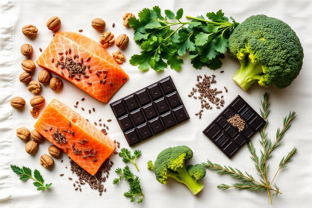 A flat lay of omega-3 rich whole foods — wild salmon, walnuts, flax and chia seeds, leafy greens, broccoli, fresh herbs, and dark chocolate