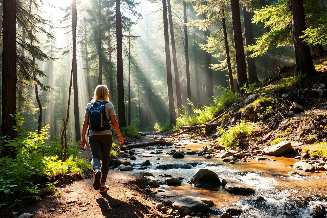 A blonde woman in her 40s hiking along a misty forest trail beside a clear mountain stream in dappled morning light