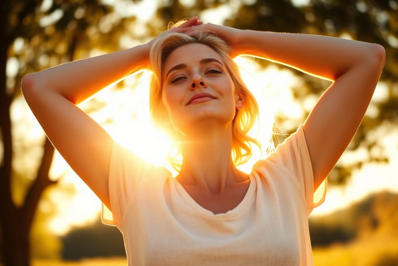 A blonde woman in her 40s standing outdoors in bright morning sunlight, face and arms lifted toward the light