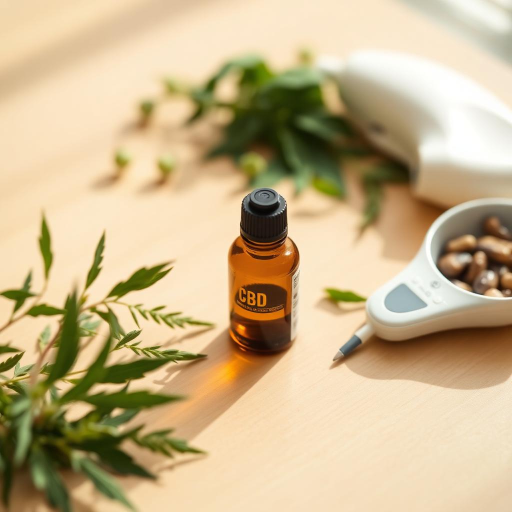 A CBD tincture bottle beside a blood glucose meter and fresh green herbs
