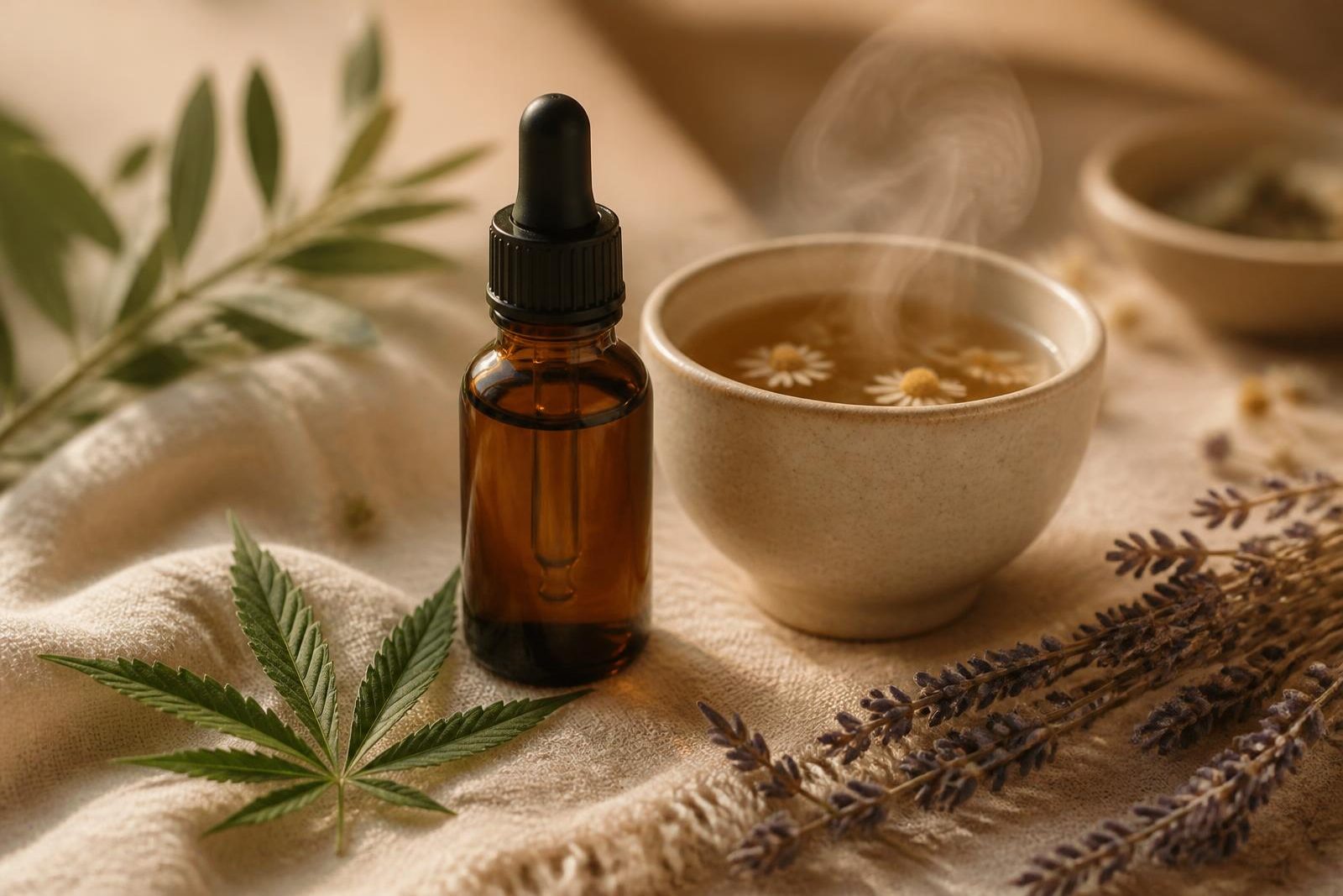 An amber tincture bottle, a cannabis leaf, a warm cup of chamomile tea and dried lavender on cream linen