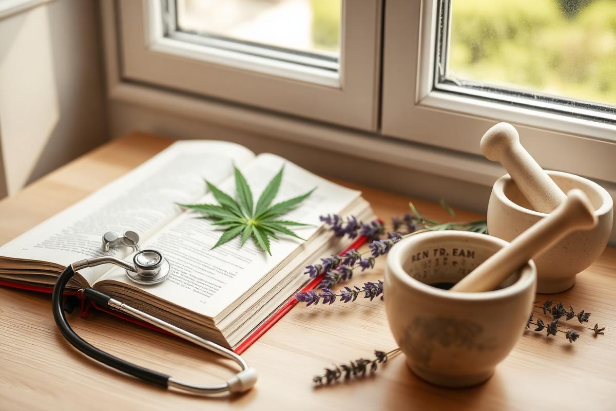 An open medical reference book, stethoscope, cannabis leaf, lavender, and a mortar and pestle on a sunlit wooden desk