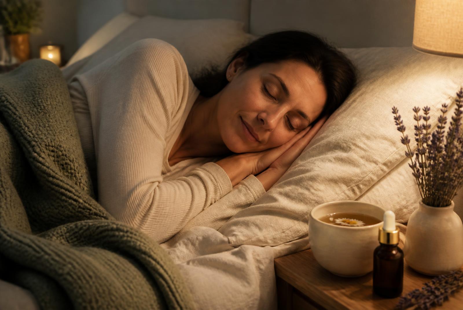 An amber tincture bottle, a cup of chamomile tea, dried lavender and a cannabis leaf resting on cream linen bedding beside a soft sage blanket