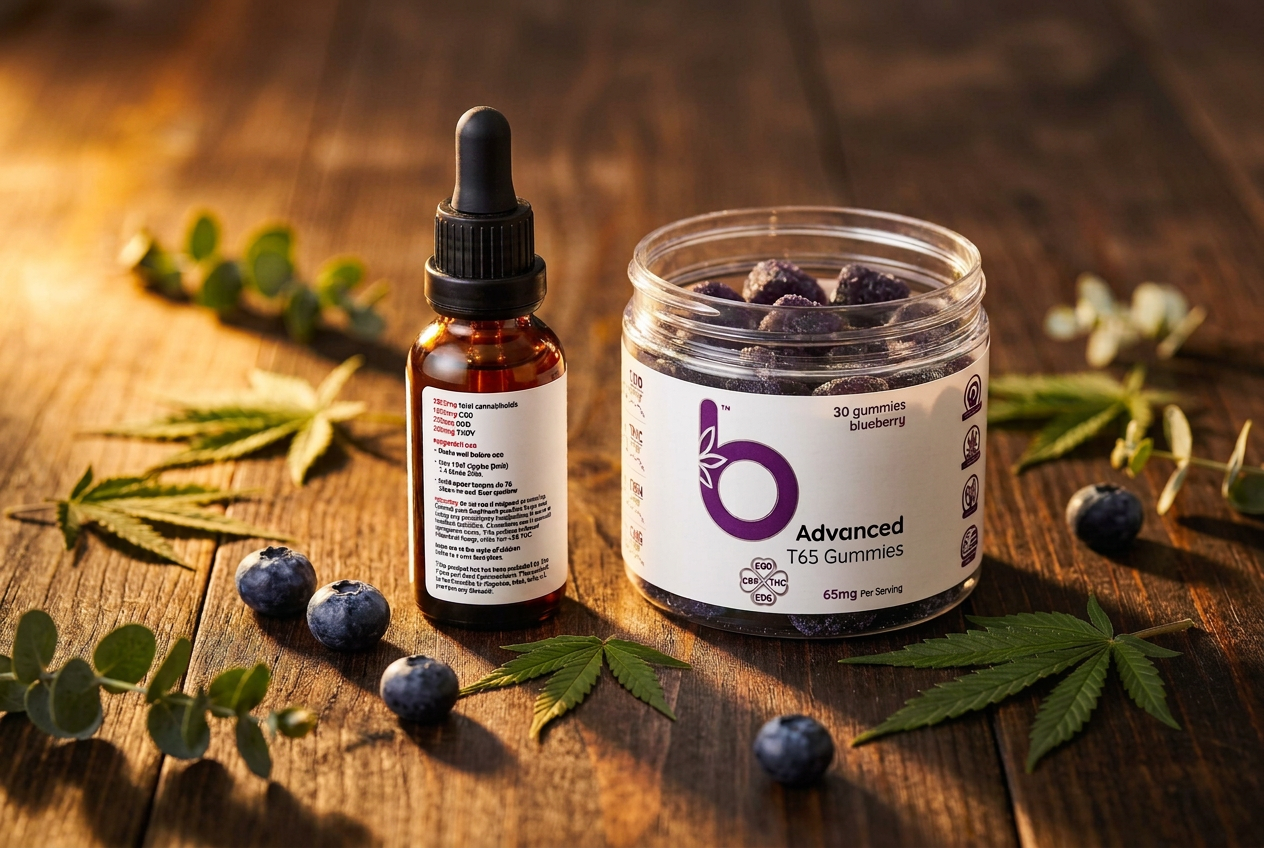 An amber CBD tincture bottle, a product label, reading glasses and a notebook on a sunlit wooden desk