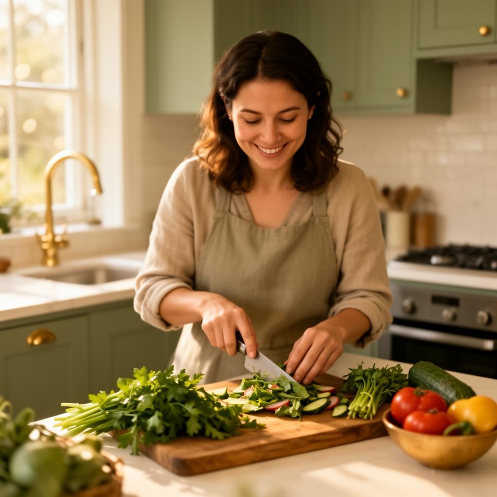 A woman preparing a healthy meal in a warm, sunlit kitchen