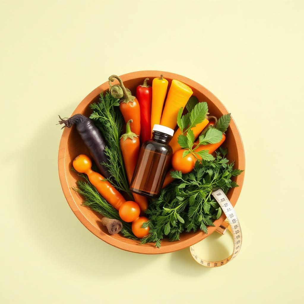 An overhead flat lay of colorful vegetables, fresh herbs, an amber supplement bottle, and a measuring tape on a sage green background