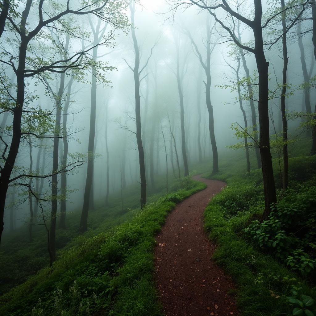 A quiet forest path winding through green woodland