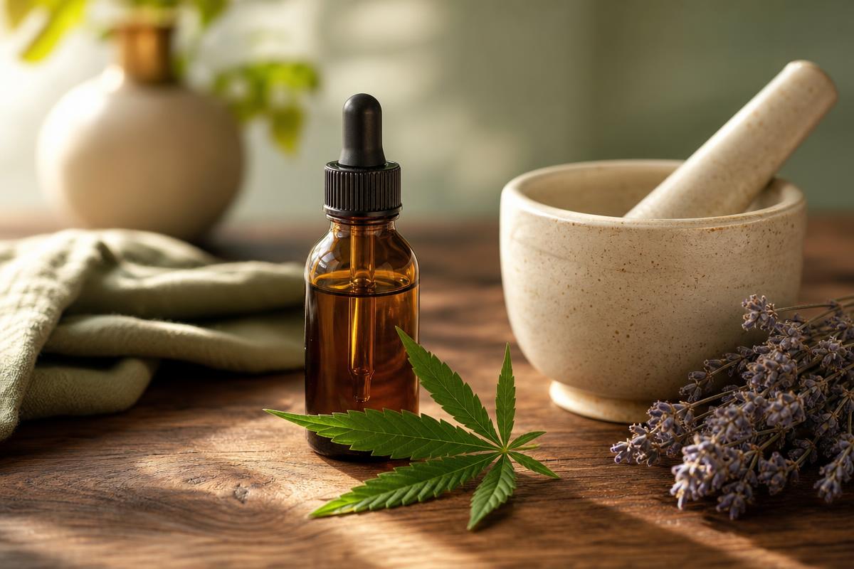 An amber tincture bottle, cannabis leaf, mortar and pestle, and dried lavender on a warm wooden desk