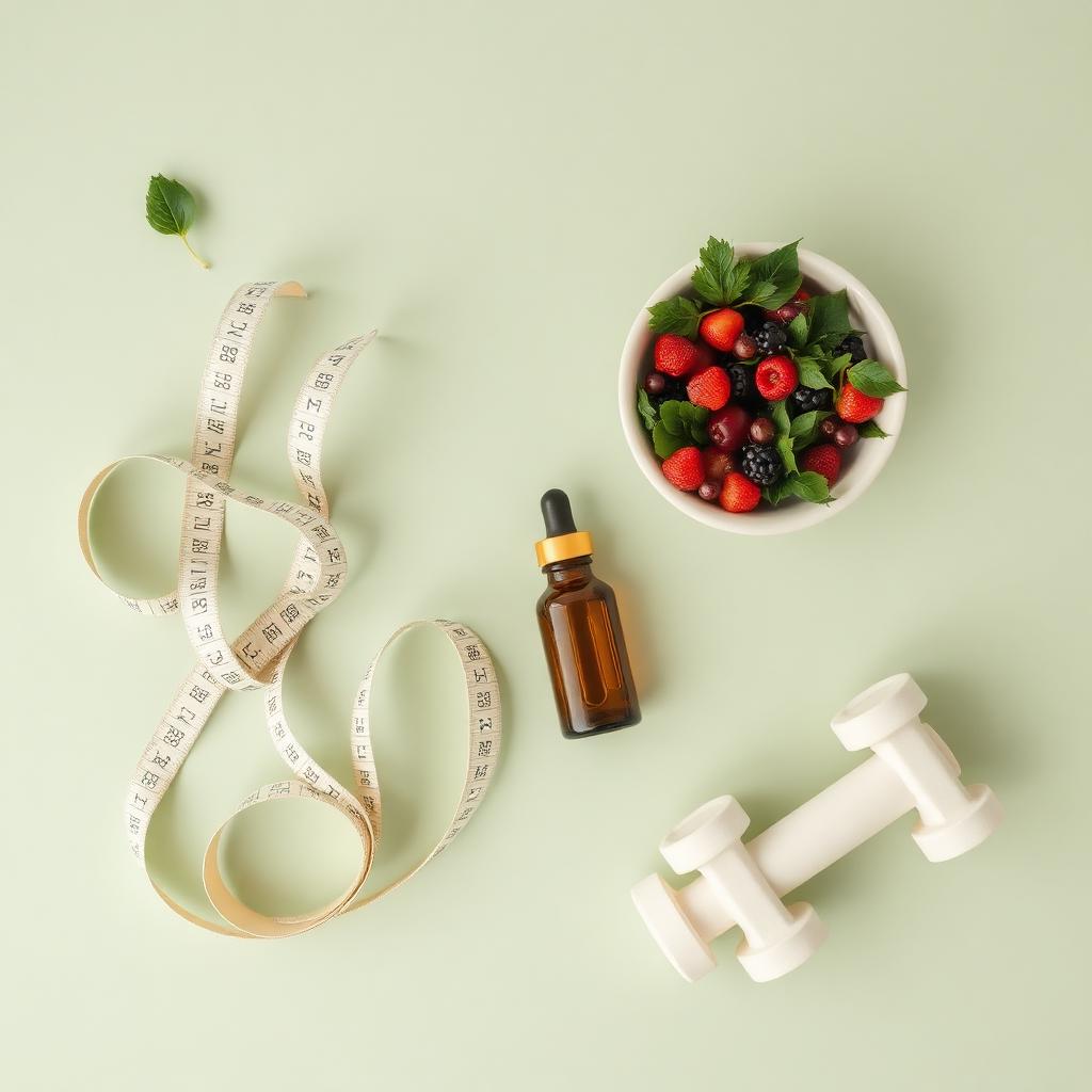 Flat lay of a measuring tape, bowl of greens and berries, an amber tincture bottle, and small dumbbells on a sage green background