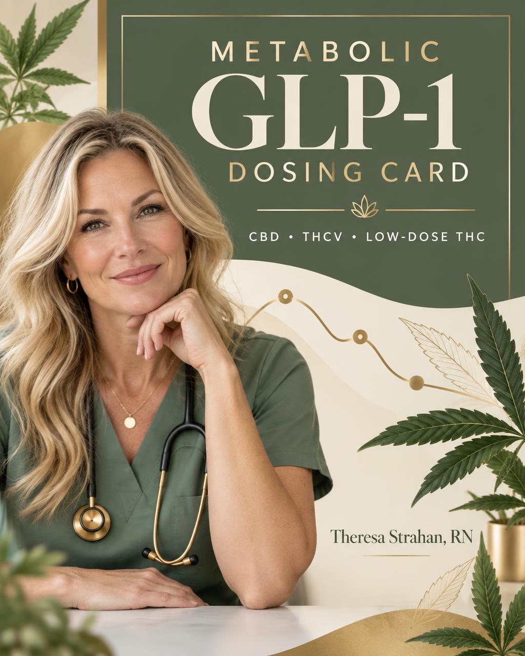 Product cover with a blonde nurse, cannabis leaves, and gold metabolic line art — the Metabolic GLP-1 Dosing Card from The Cannabis Nurse