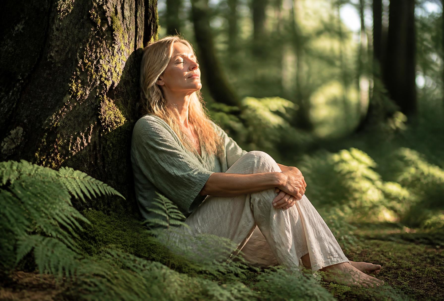 A woman in her 40s resting against a large tree trunk in a sunlit forest, eyes closed and face lifted toward the light