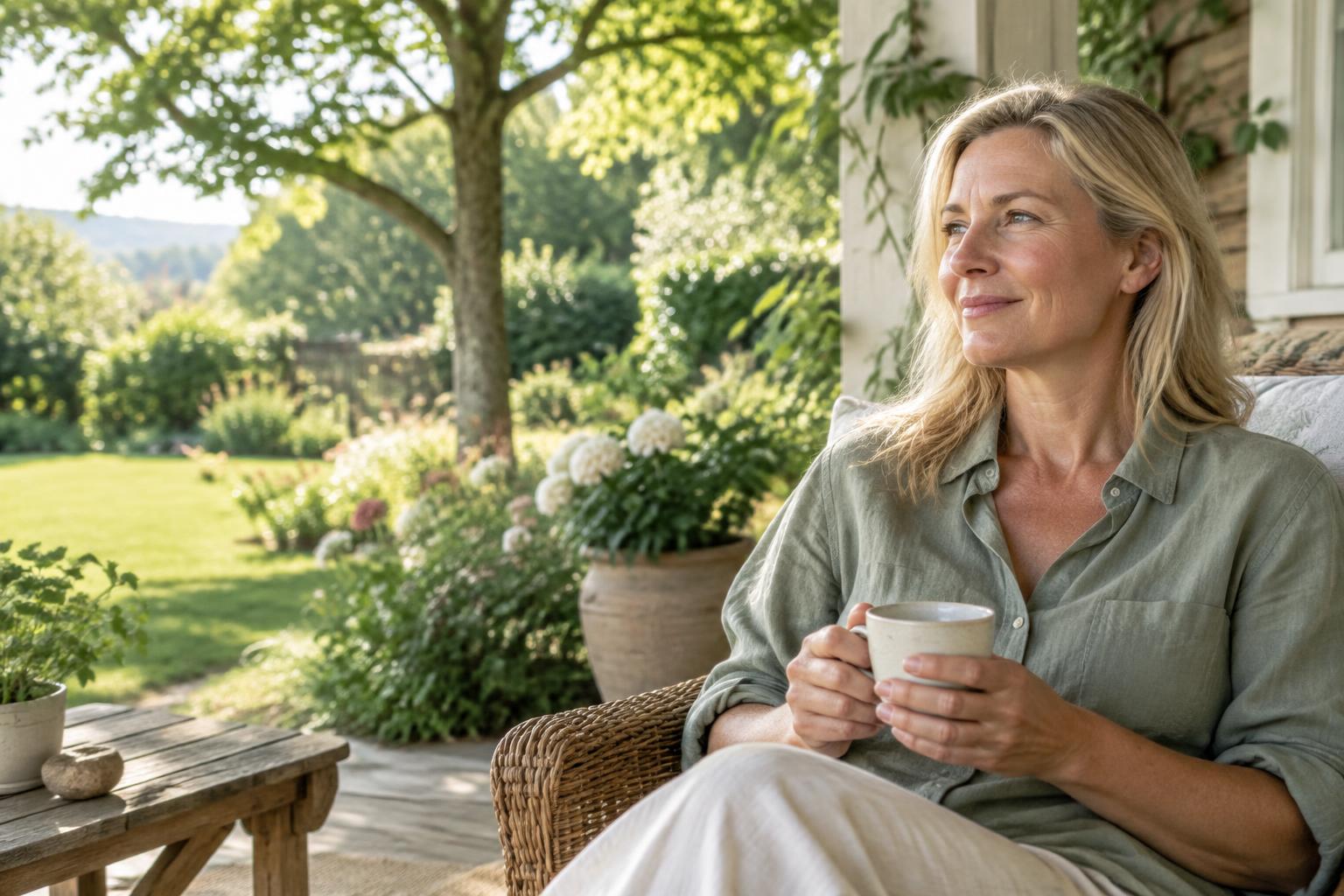A blonde woman taking a quiet moment on a garden porch in morning daylight