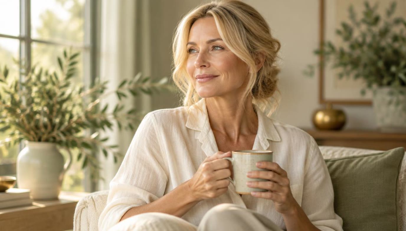 A calm blonde woman in her late forties sitting in warm window light with a ceramic mug, sage-green plants behind her